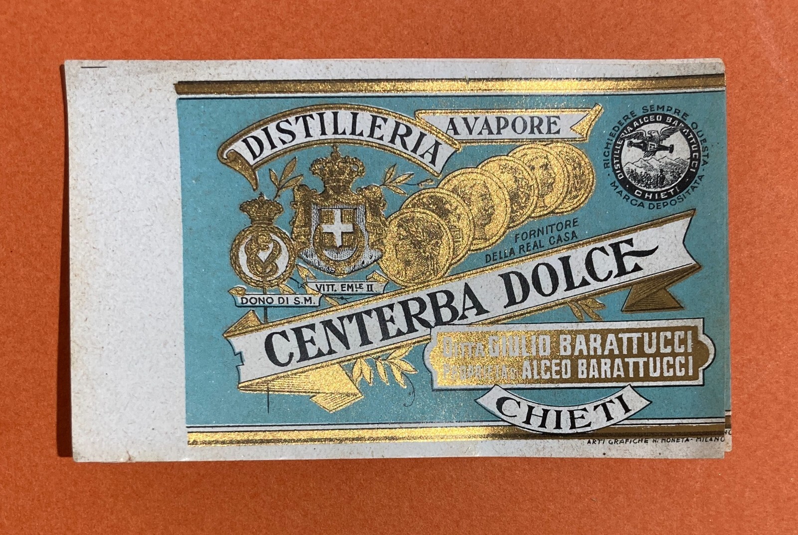 Distilleria Barattucci: Etichetta Originale Centerba Dolce, Chieti, Abruzzo
