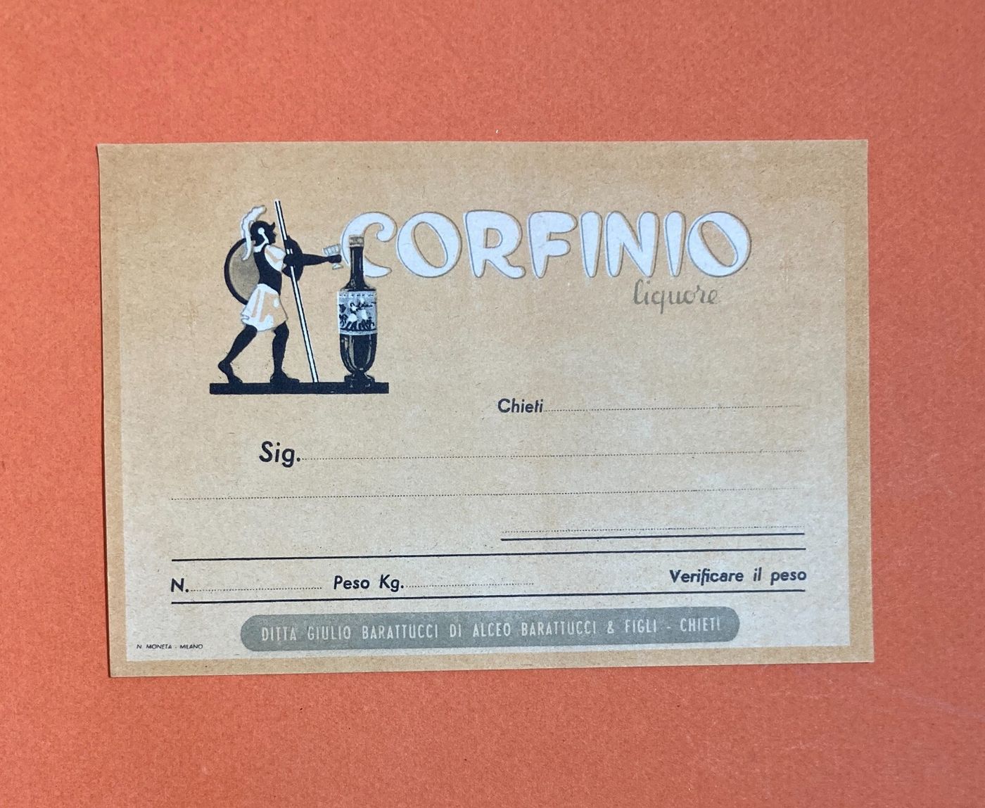 Abruzzo, Chieti, Liquori Barattucci: Corfinio, Etichetta Per Cassette Pubblicitaria