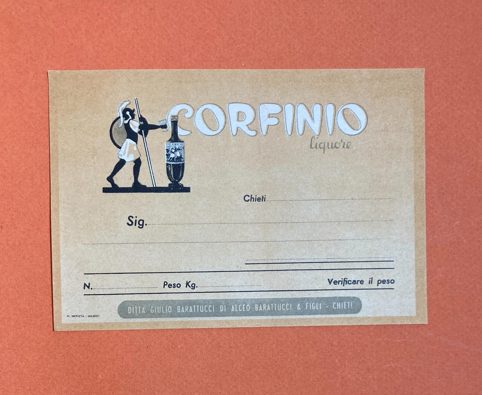 Abruzzo, Chieti, Liquori Barattucci: Corfinio, Etichetta Per Cassette Pubblicitaria