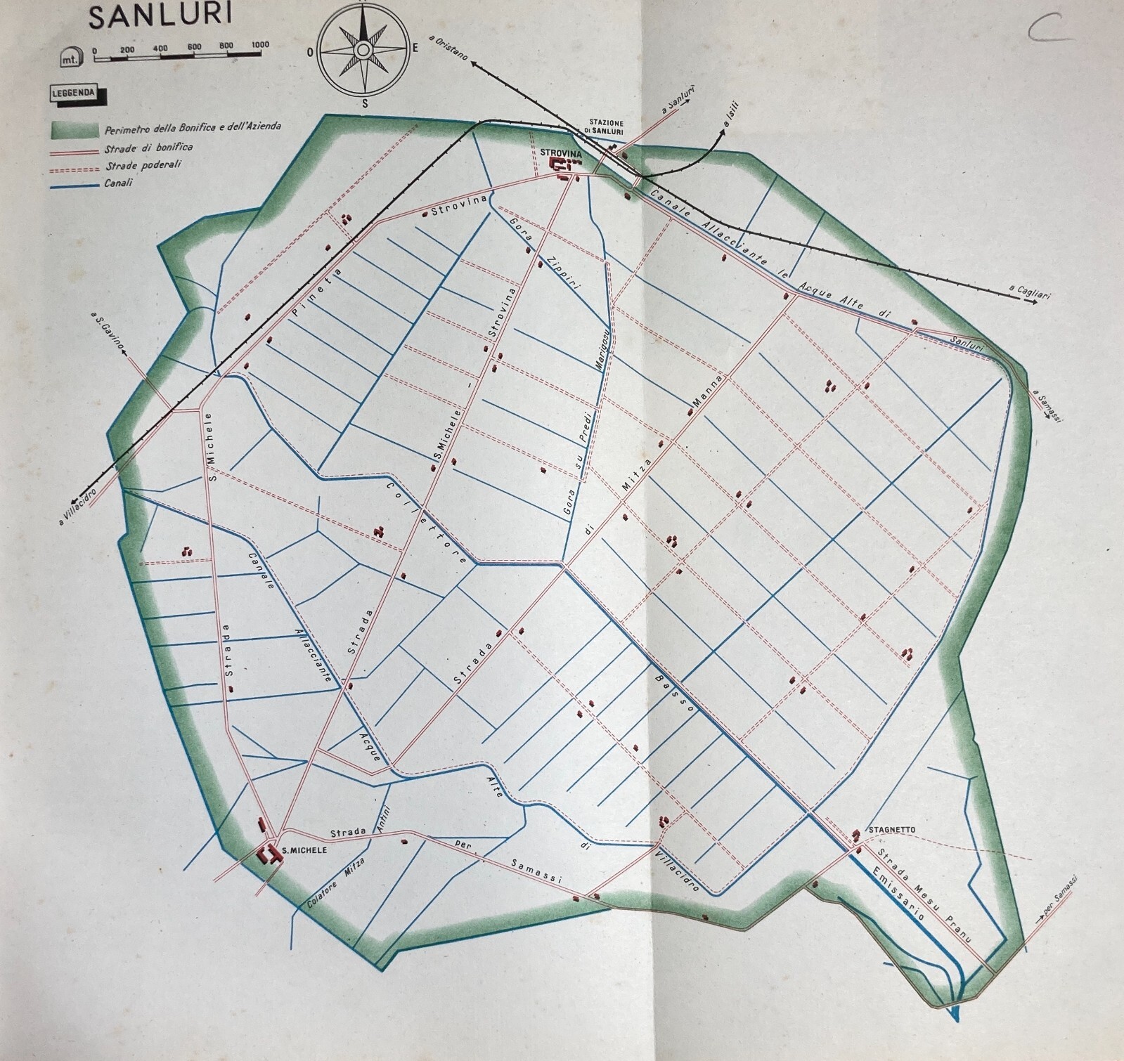 Idraulica, Bonifiche, Sardegna, Sanluri: Mappa Topografica Decorativa d'Epoca