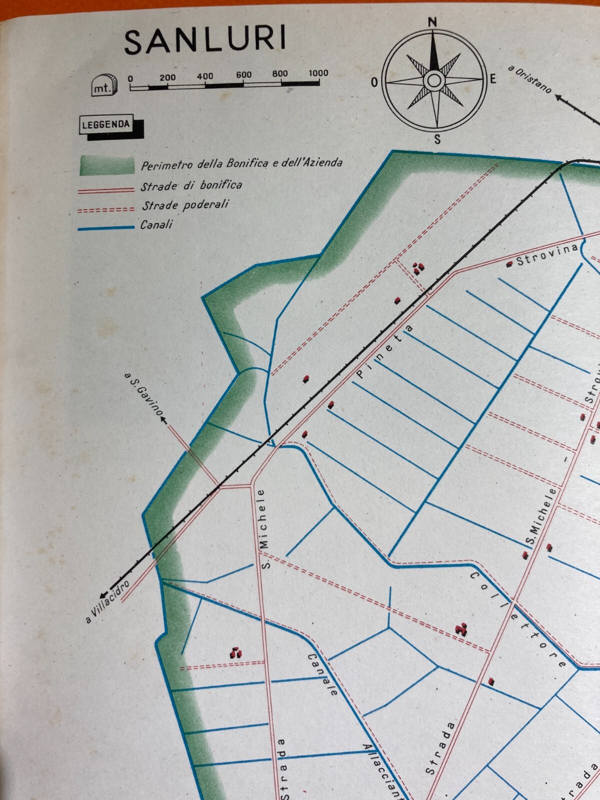 Idraulica, Bonifiche, Sardegna, Sanluri: Mappa Topografica Decorativa d'Epoca