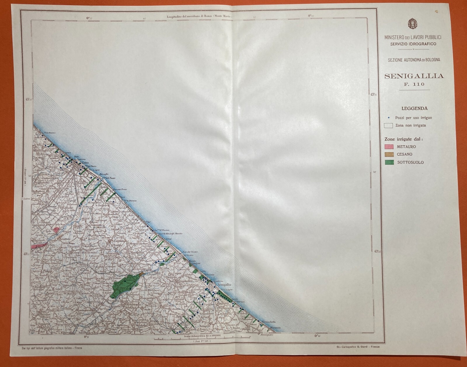 Idraulica, Irrigazioni, Pozzi: Marche, Senigallia, Metauro, Cesano. Cartografia d'Epoca