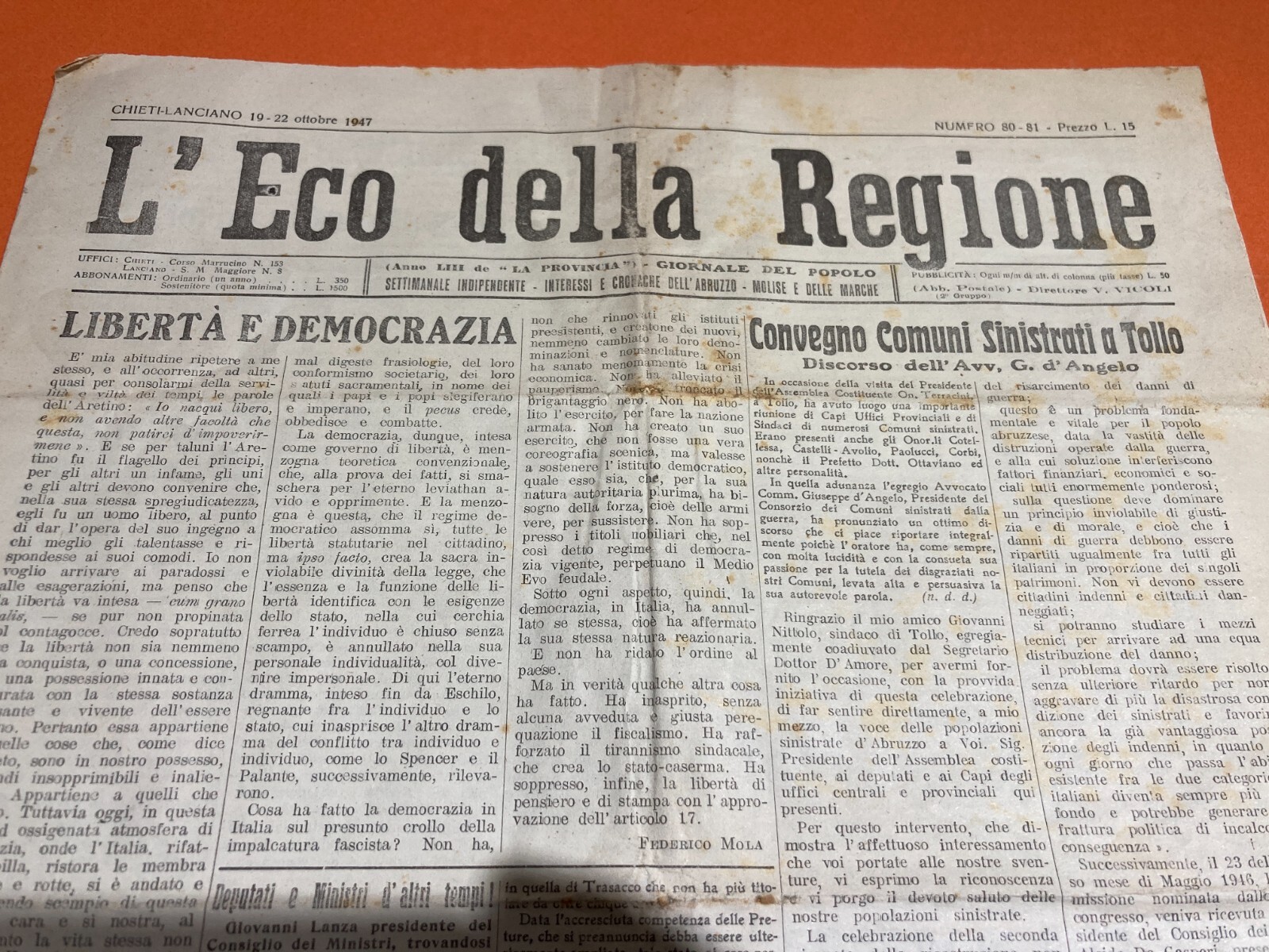 L'Eco Della Regione: Settimanale Di Cronaca Abruzzese (19 22 Ottobre 1947)