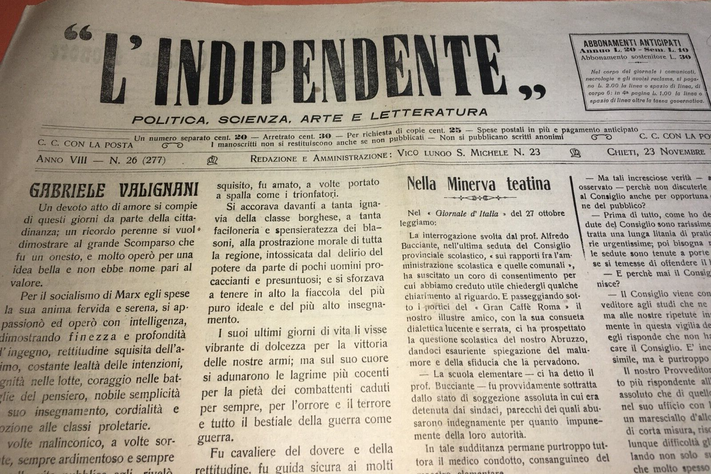 Abruzzo, Chieti: Antico Giornale L'Indipendente, Valignani, Casoli, Palena, Vasto
