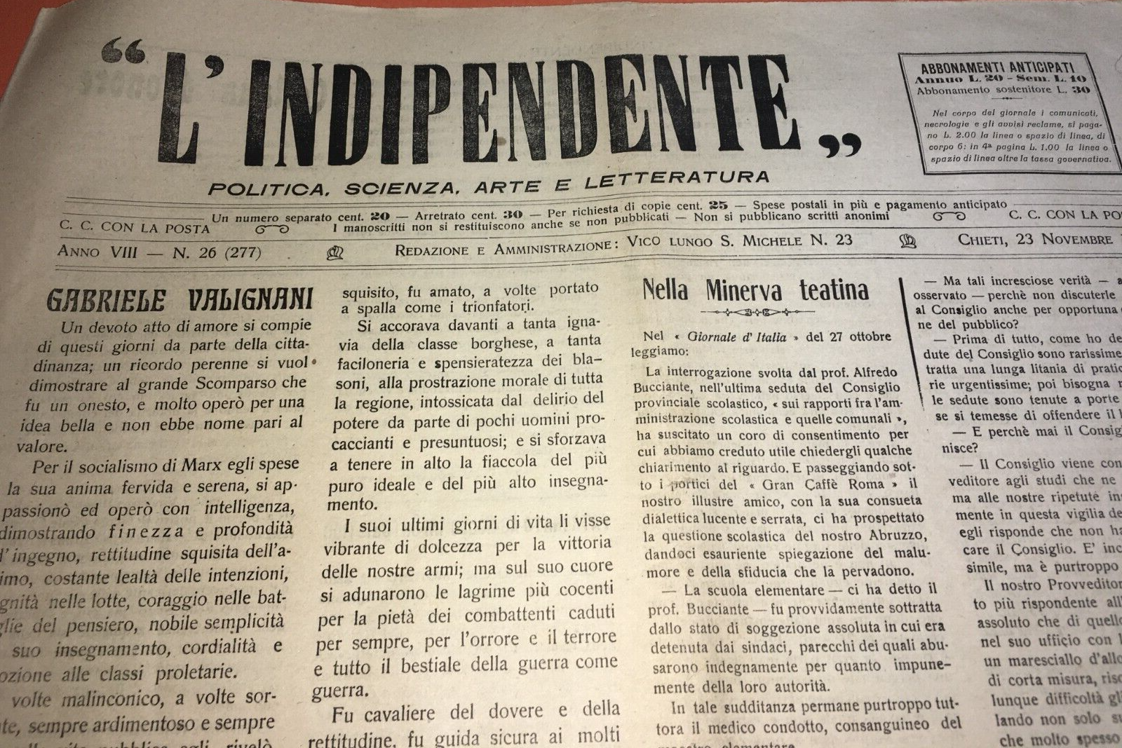 Abruzzo, Chieti: Antico Giornale L'Indipendente, Valignani, Casoli, Palena, Vasto
