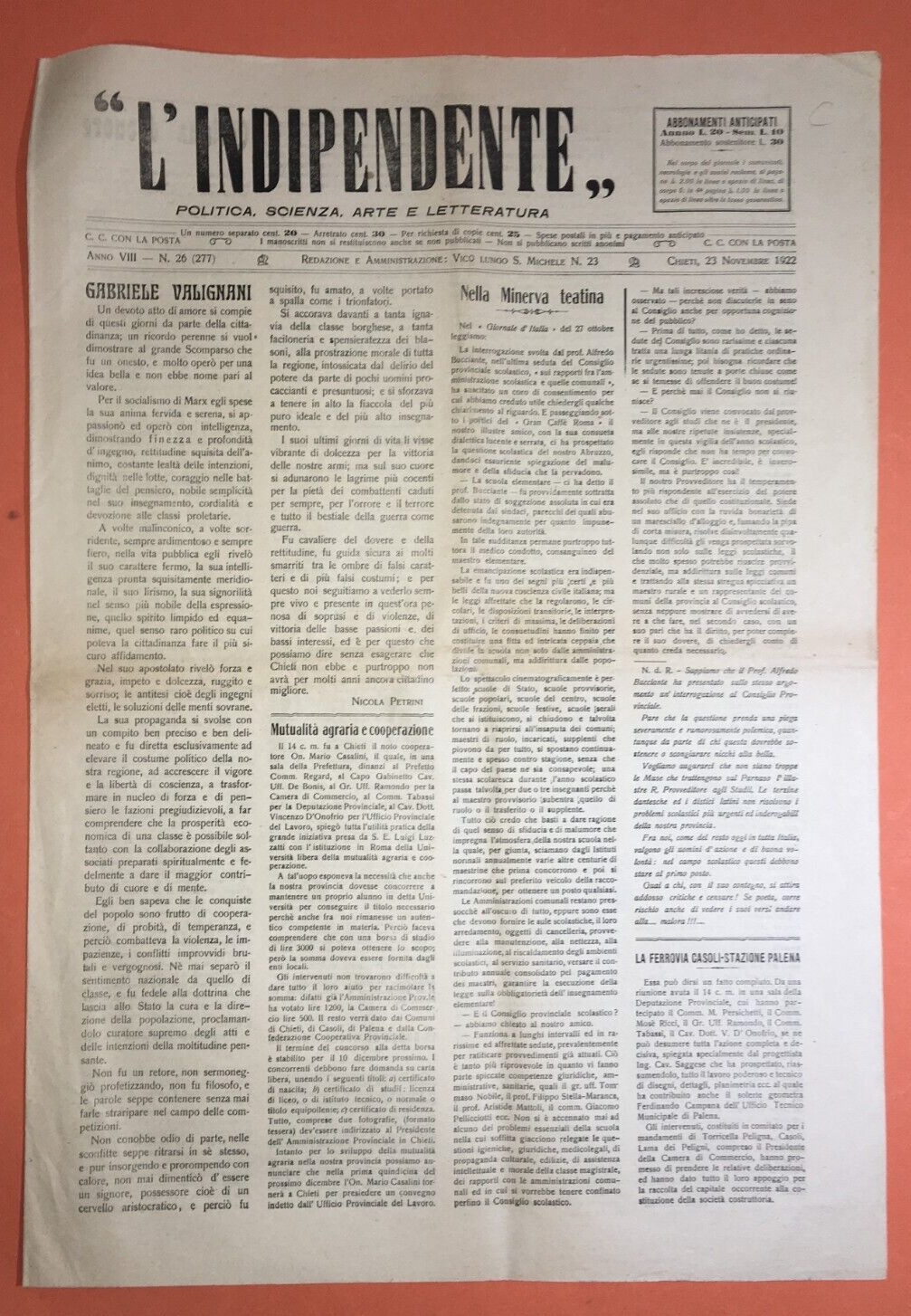 Abruzzo, Chieti: Antico Giornale L'Indipendente, Valignani, Casoli, Palena, Vasto