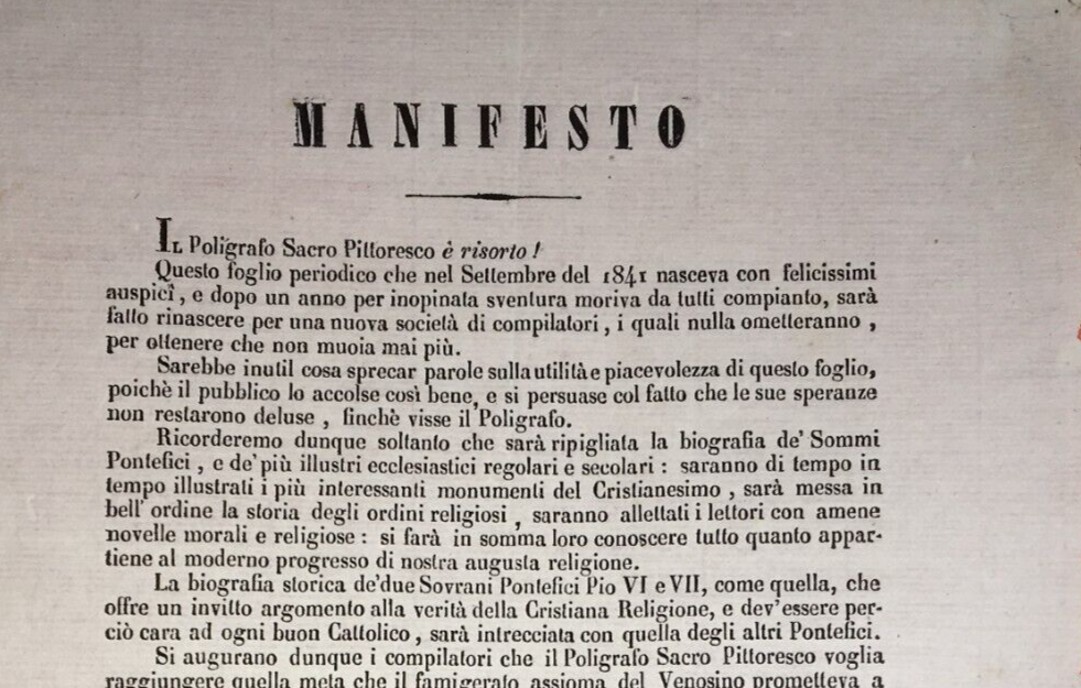 Napoli, Propaganda Editoriale. Giornali Religiosi: Poligrafo Sacro Pittoresco, 1845
