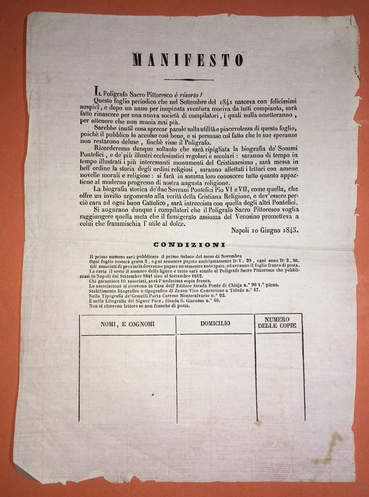 Naples, Editorial Propaganda. Religious Newspapers: Poligrafo Sacro Pittoresco, 1845