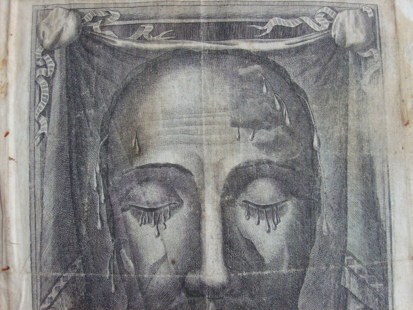 Arte Popolare Devozionale: Volto Di Cristo (Sindone). Antica Incisione Su Tela, N. Banzo