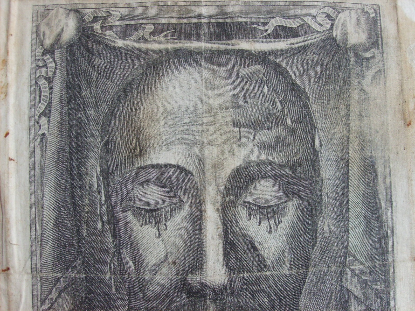 Arte Popolare Devozionale: Volto Di Cristo (Sindone). Antica Incisione Su Tela, N. Banzo