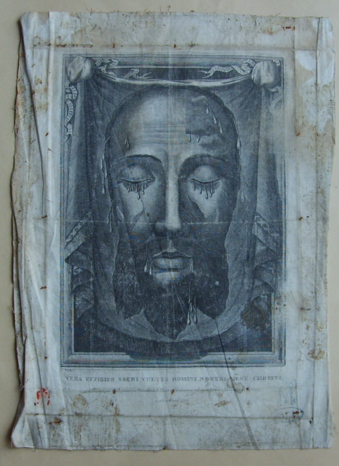 Arte Popolare Devozionale: Volto Di Cristo (Sindone). Antica Incisione Su Tela, N. Banzo
