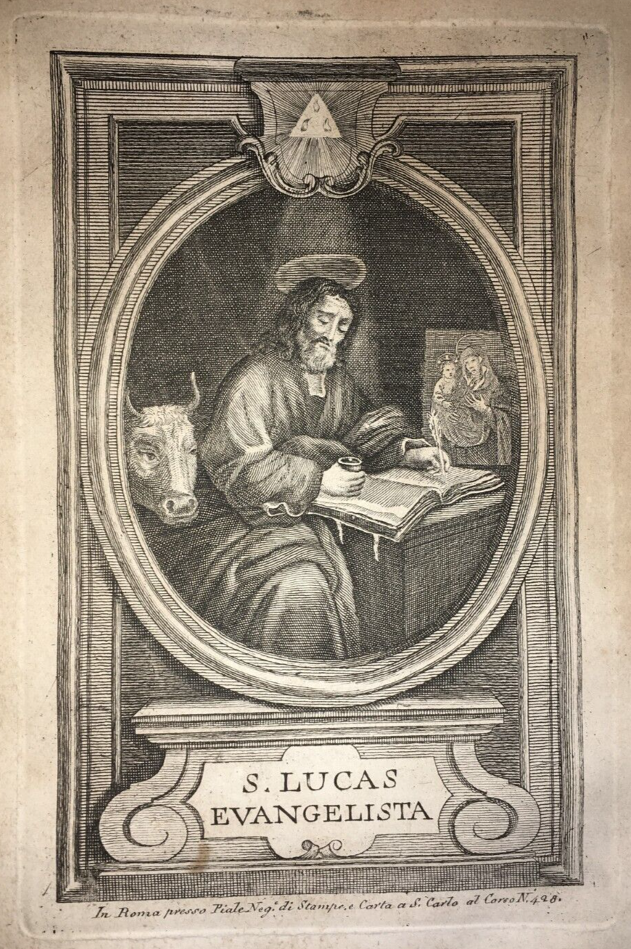 Antica Stampa Popolare Devozionale: San Luca Evangelista, Piale, Roma, Incisione