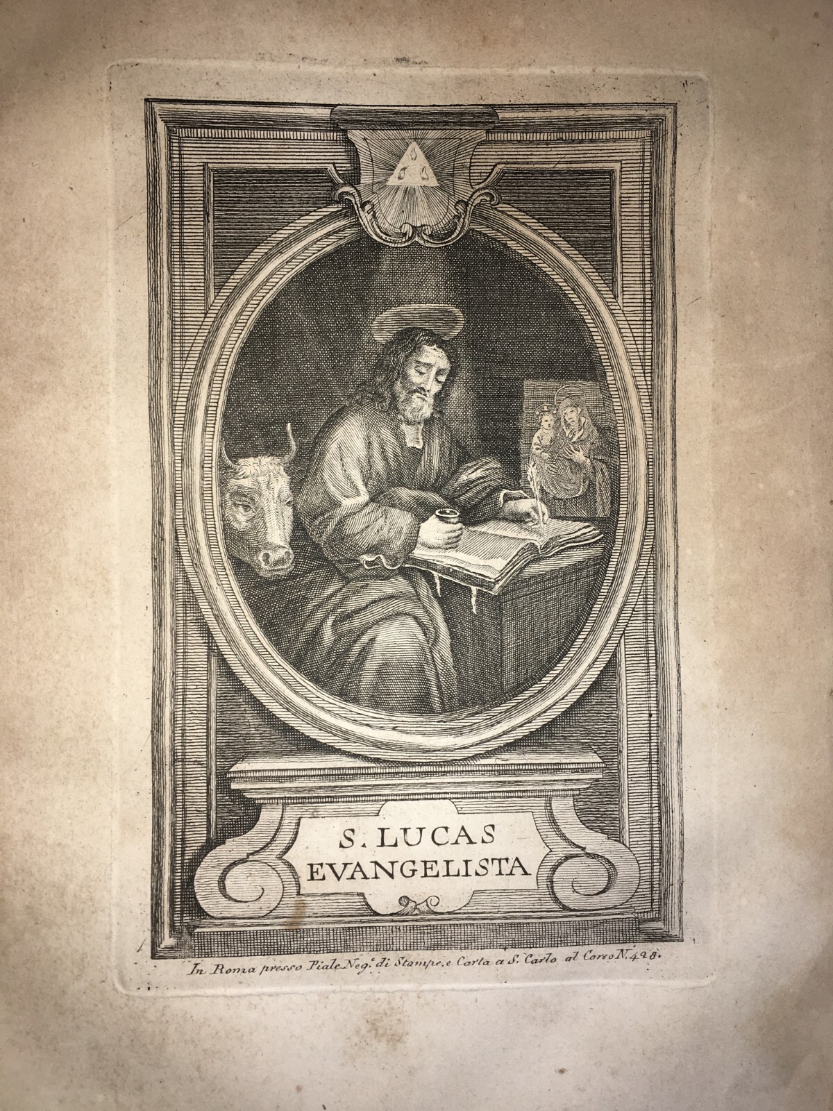 Antica Stampa Popolare Devozionale: San Luca Evangelista, Piale, Roma, Incisione