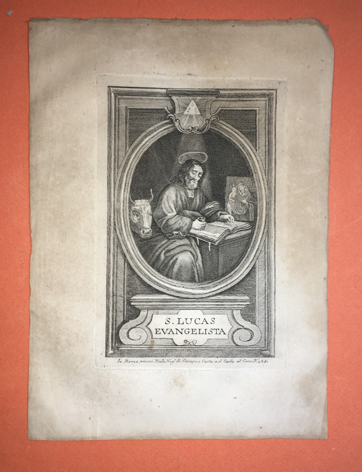Antica Stampa Popolare Devozionale: San Luca Evangelista, Piale, Roma, Incisione