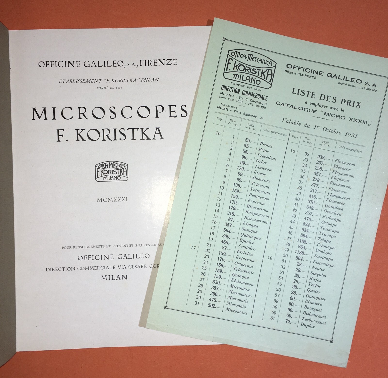 Scienza, Tecnica, Ottica, Microscopia   Koristka, Officine Galileo   Catalogo, 1931