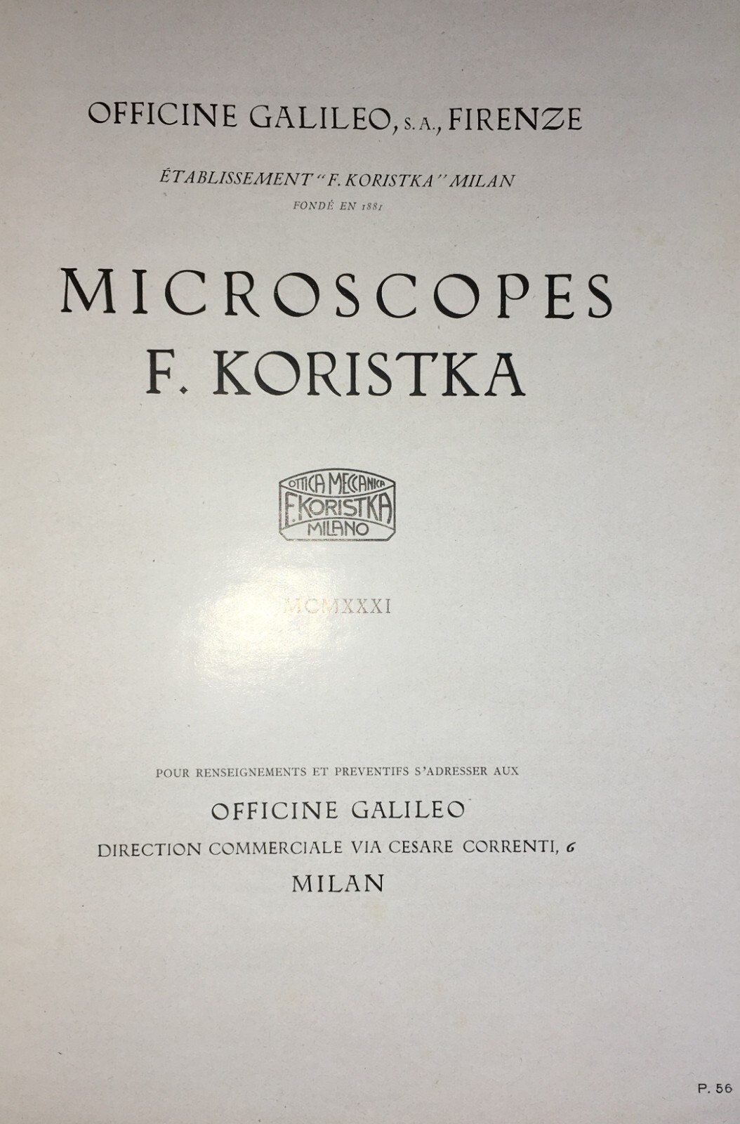 Scienza, Tecnica, Ottica, Microscopia   Koristka, Officine Galileo   Catalogo, 1931