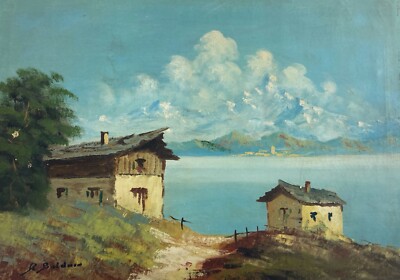 Dipinto d'Epoca: Paesaggio Montano Lacustre Con Baite   Firmato