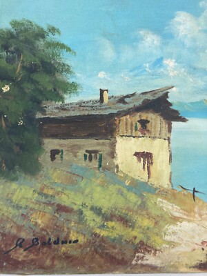 Dipinto d'Epoca: Paesaggio Montano Lacustre Con Baite   Firmato