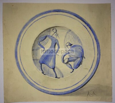 Bozzetto Decorativo Per Ceramica, Dipinto Siglato, Epoca Gio Ponti
