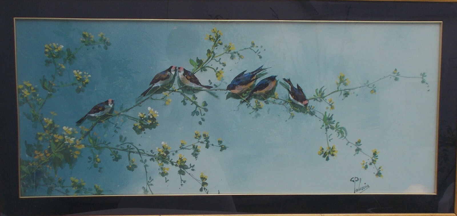 Gaetano Paloscia, Tralci Floreali Con Uccellini, Dipinto A Tempera