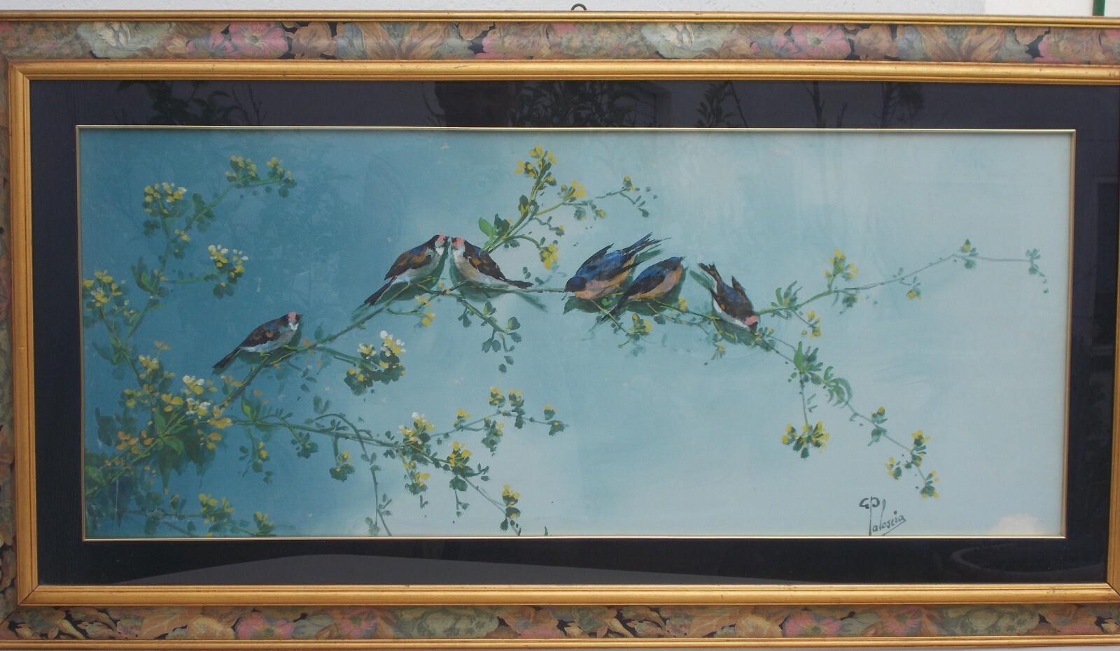 Gaetano Paloscia, Tralci Floreali Con Uccellini, Dipinto A Tempera