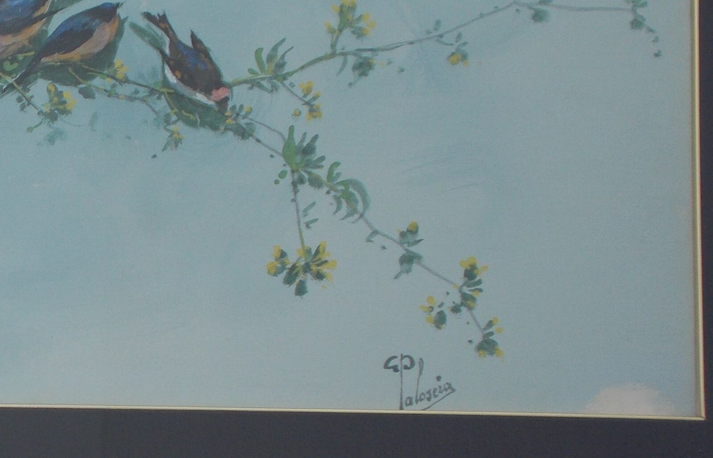 Gaetano Paloscia, Tralci Floreali Con Uccellini, Dipinto A Tempera