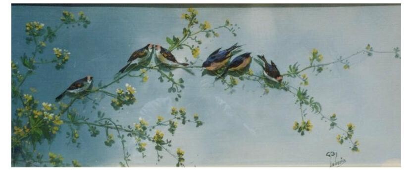 Gaetano Paloscia, Tralci Floreali Con Uccellini, Dipinto A Tempera