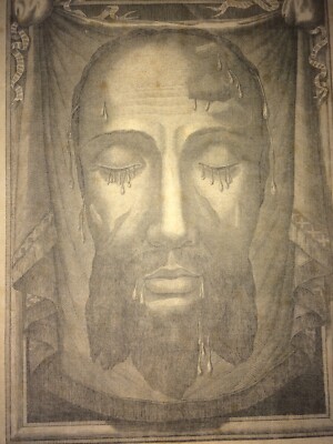 Arte Popolare Devozionale   Volto Di Cristo   Sindone   Antica Incisione Su Tessuto