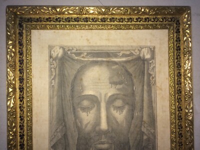 Arte Popolare Devozionale   Volto Di Cristo   Sindone   Antica Incisione Su Tessuto