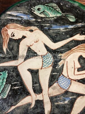 Arte Ceramica: Scena Con Bagnanti E Pesci, Mare, Vietri, Avallone, d'Epoca