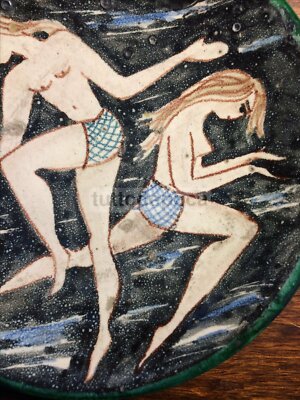 Arte Ceramica: Scena Con Bagnanti E Pesci, Mare, Vietri, Avallone, d'Epoca