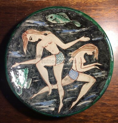 Arte Ceramica: Scena Con Bagnanti E Pesci, Mare, Vietri, Avallone, d'Epoca