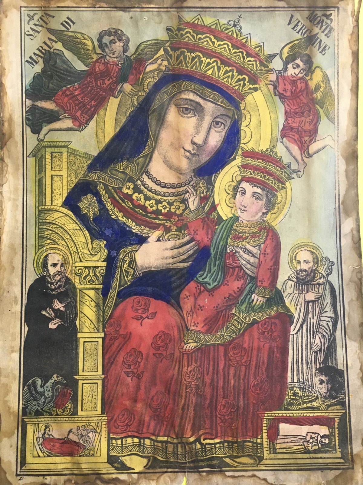 Antica Stampa Popolare Devozionale Madonna Di Montevergine Irpinia