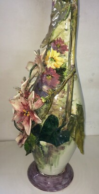 Grande Vaso In Ceramica Con Decori Floreali Mollica, Napoli, Epoca Liberty