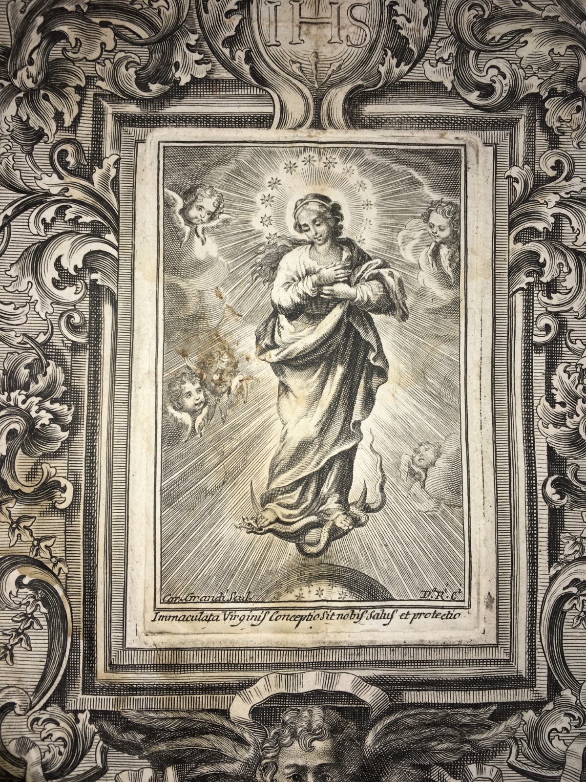 Antica Stampa Popolare Devozionale Madonna Immacolata Artista Carlo Grandi XVIII Secolo