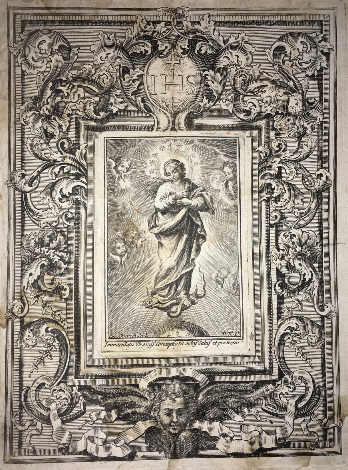 Antica Stampa Popolare Devozionale Madonna Immacolata Artista Carlo Grandi XVIII Secolo
