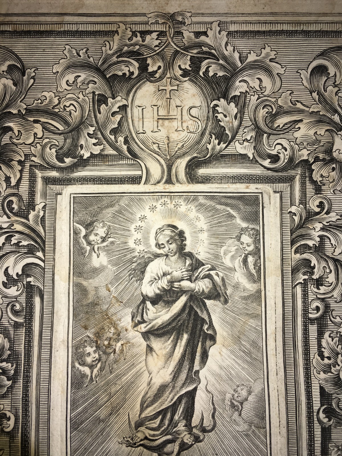 Antica Stampa Popolare Devozionale Madonna Immacolata Artista Carlo Grandi XVIII Secolo