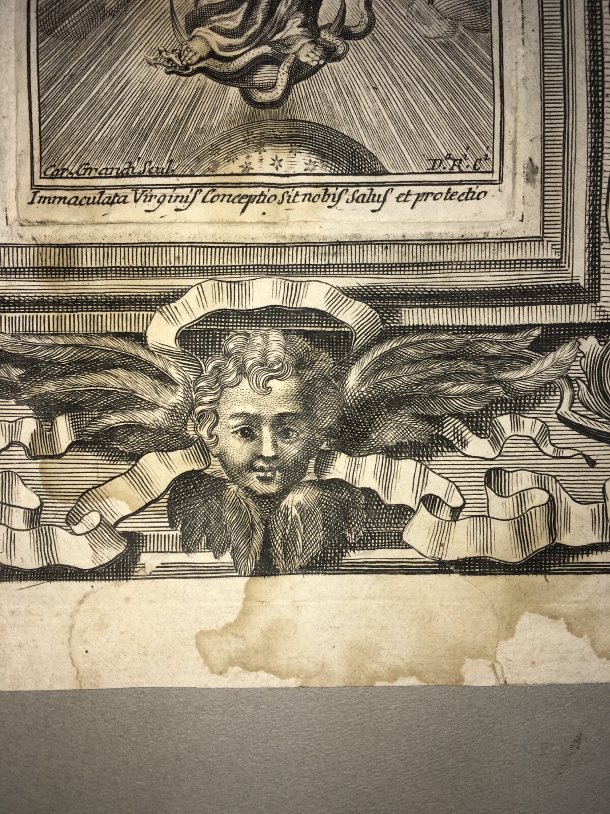 Antica Stampa Popolare Devozionale Madonna Immacolata Artista Carlo Grandi XVIII Secolo