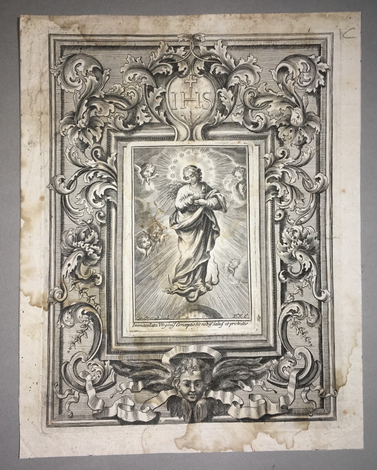 Antica Stampa Popolare Devozionale Madonna Immacolata Artista Carlo Grandi XVIII Secolo