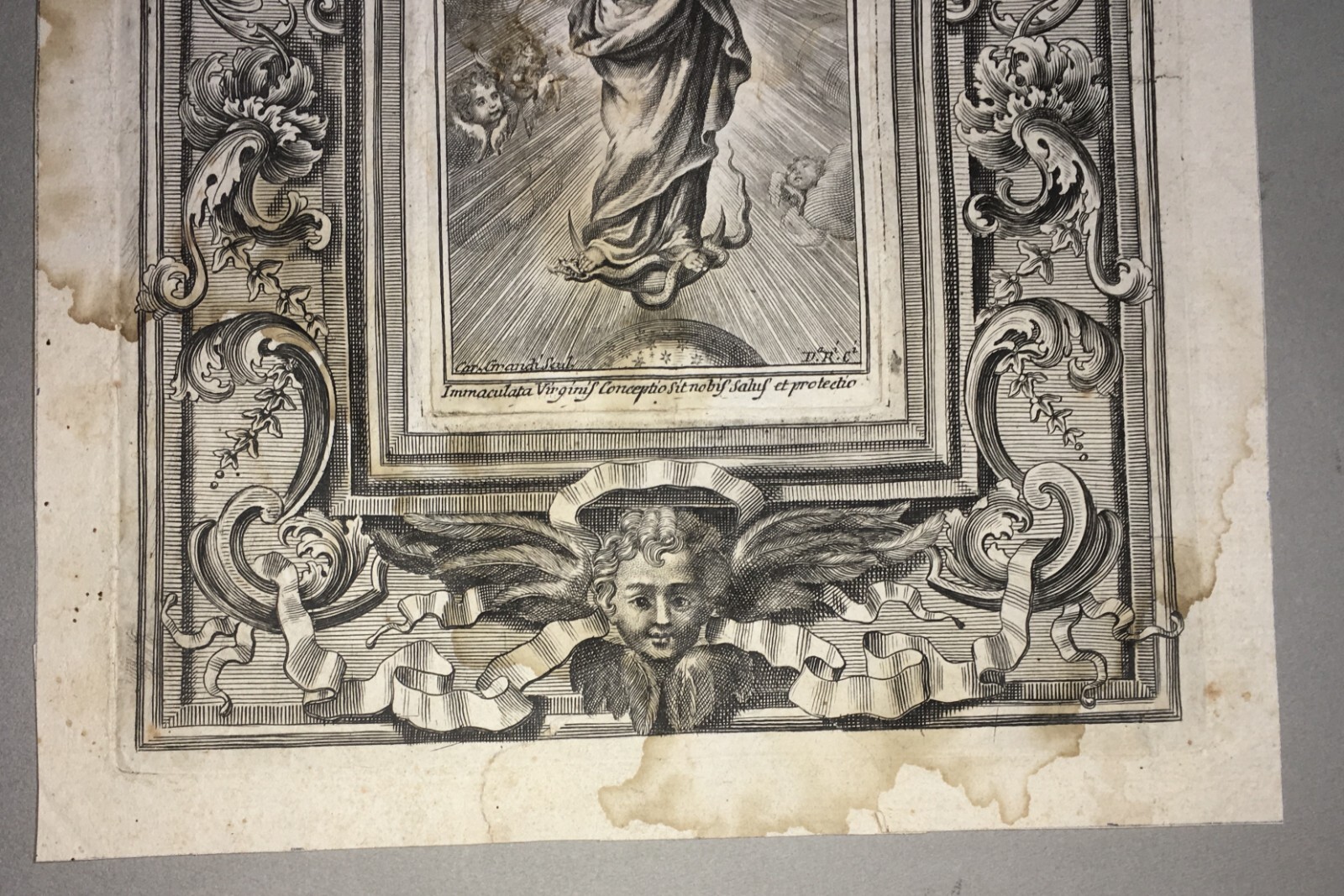 Antica Stampa Popolare Devozionale Madonna Immacolata Artista Carlo Grandi XVIII Secolo