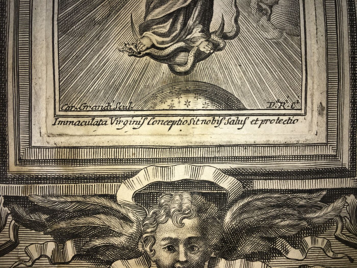 Antica Stampa Popolare Devozionale   Madonna Immacolata   Artista Carlo Grandi   XVIII Secolo