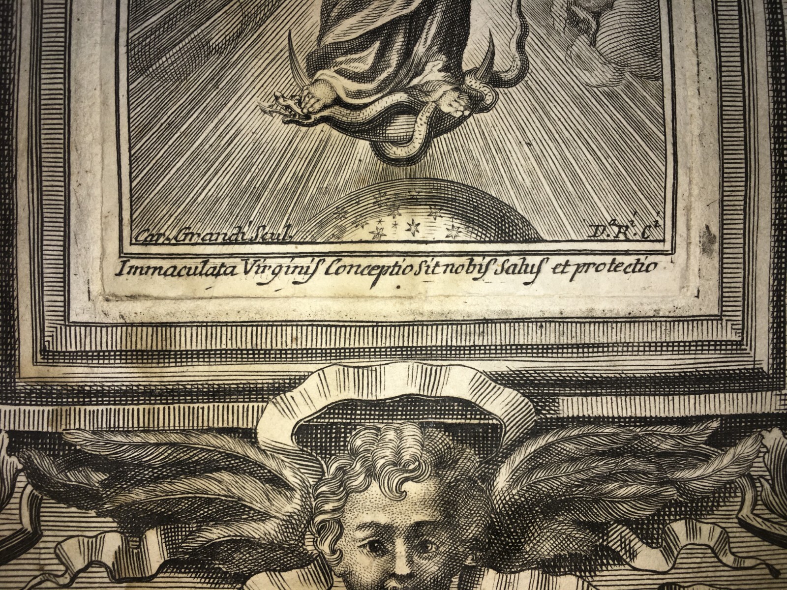 Antica Stampa Popolare Devozionale Madonna Immacolata Artista Carlo Grandi XVIII Secolo