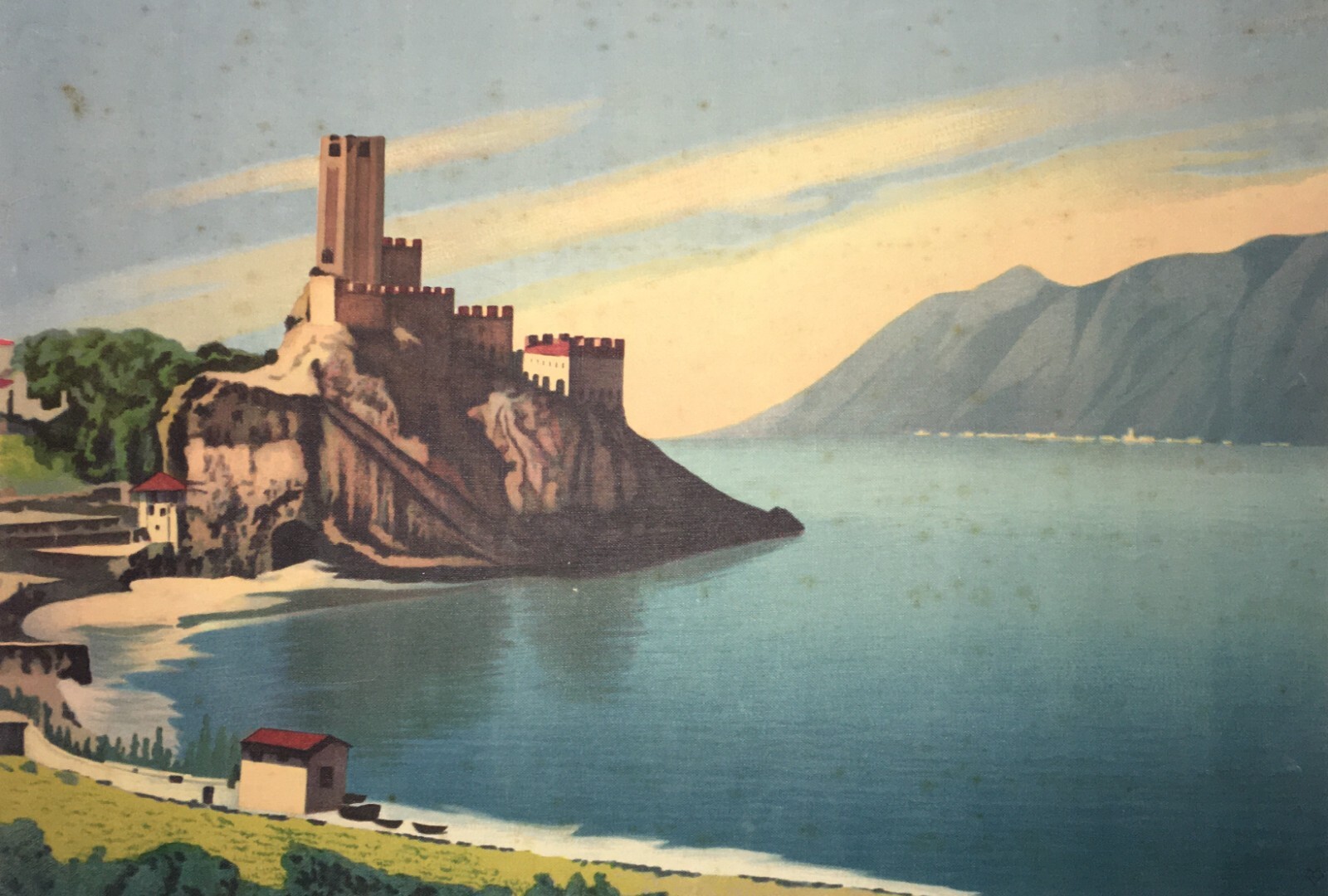 Lago Di Garda, Malcesine: Grande Veduta Panoramica. Stampa A Colori Su Tela