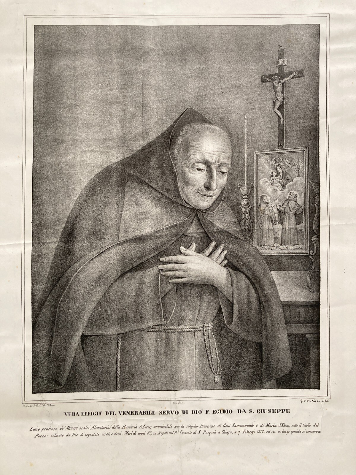 Vera Effigie Del Venerabile Servo Di Dio Frate Egidio Da S. Giuseppe, Litografia Del XIX Secolo