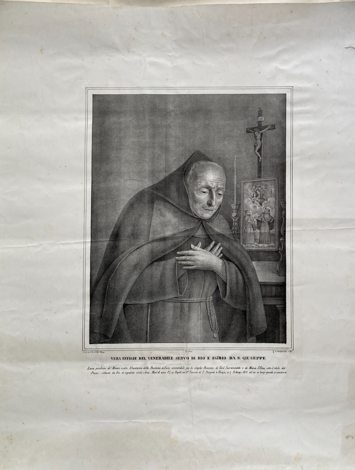 Vera Effigie Del Venerabile Servo Di Dio Frate Egidio Da S. Giuseppe, Litografia Del XIX Secolo