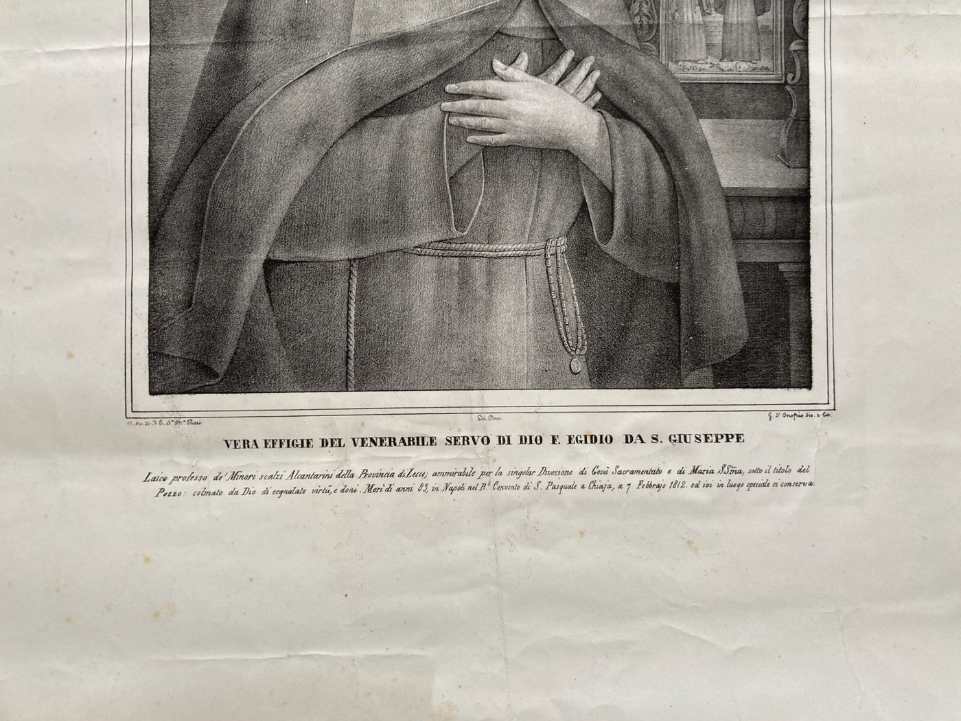 Vera Effigie Del Venerabile Servo Di Dio Frate Egidio Da S. Giuseppe, Litografia Del XIX Secolo