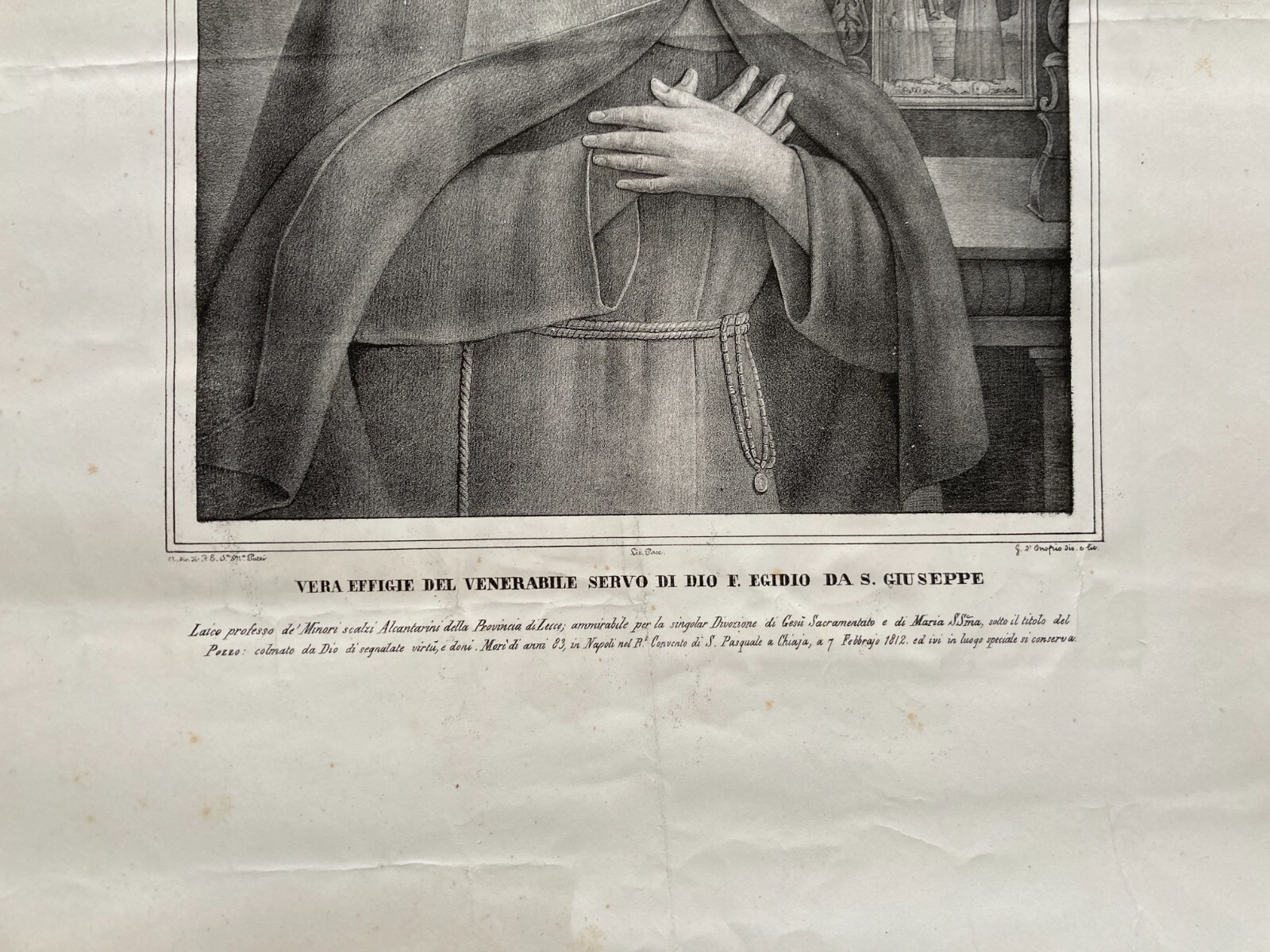 Vera Effigie Del Venerabile Servo Di Dio Frate Egidio Da S. Giuseppe, Litografia Del XIX Secolo