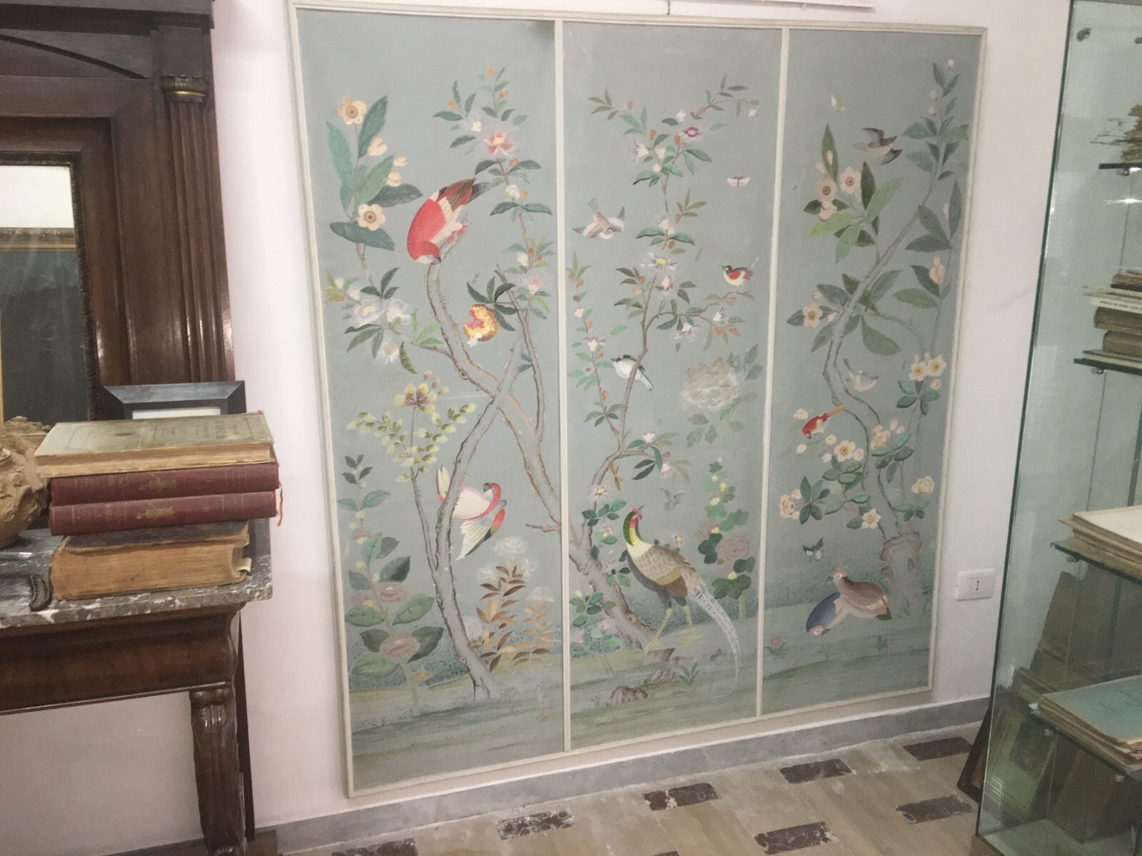 Artistico E Decorativo Grande Dipinto   Fiori E Uccelli   Pannello Con Tre Scene