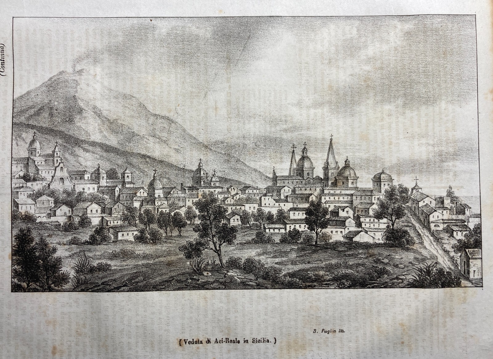 Sicilia, Catania, Acireale: Antica Veduta Panoramica, Palazzi E Chiese, Etna, Lito '800