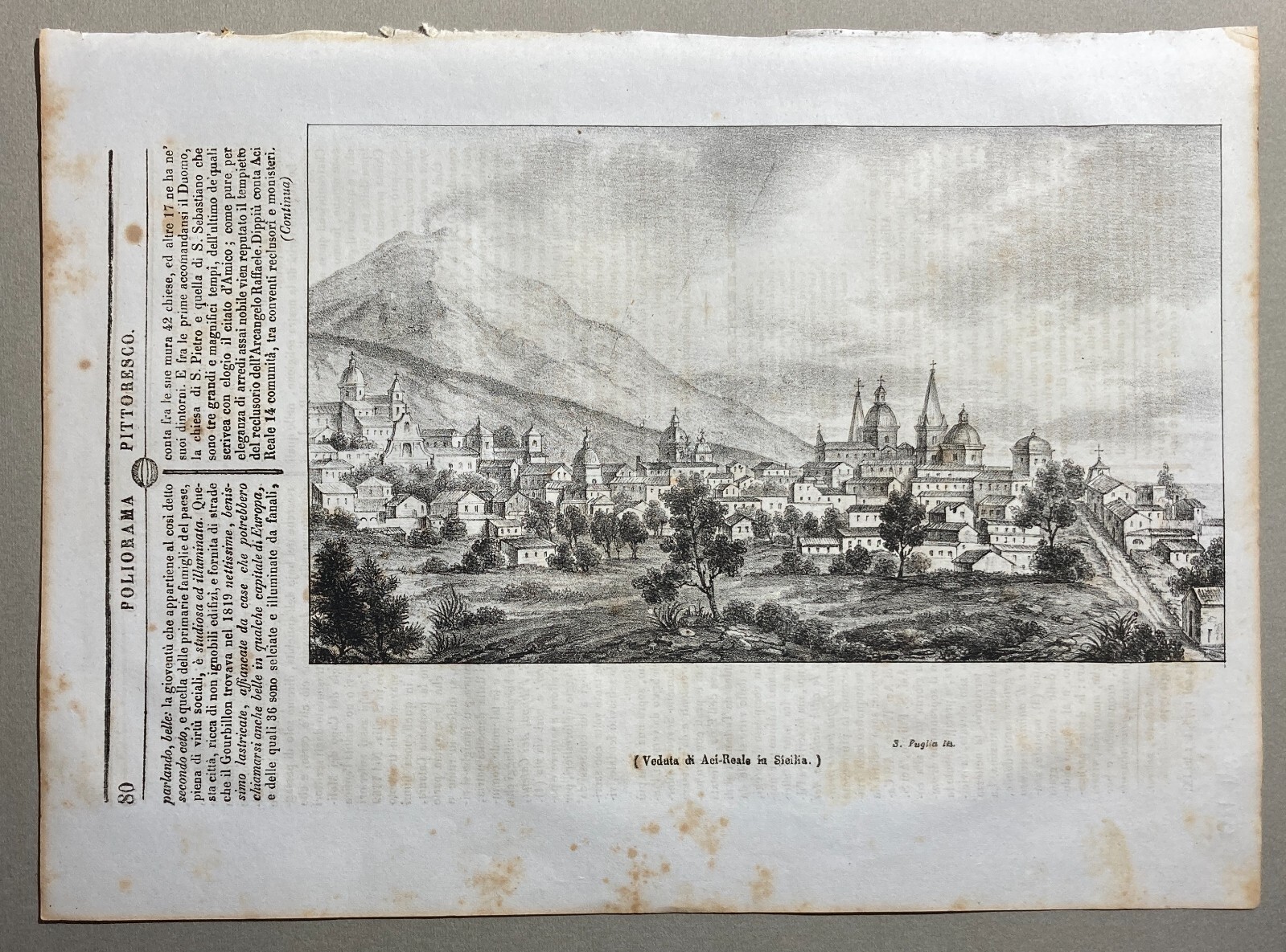Sicilia, Catania, Acireale: Antica Veduta Panoramica, Palazzi E Chiese, Etna, Lito '800